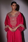 Shop_Ajiesh Oberoi_Pink Satin Chiffon Embroidered Crystal V Neck Kaftan And Pant Set _Online_at_Aza_Fashions