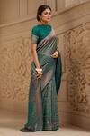 Shop_Samyukta Singhania_Green Silk Embroidery Boat Neck Floral Vine Woven Banarasi Saree And Blouse_Online_at_Aza_Fashions