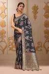 Shop_Samyukta Singhania_Black Viscose, Silk Embroidery, Tassels Floral Woven Saree And Sleeveless Blouse_Online_at_Aza_Fashions
