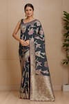 Buy_Samyukta Singhania_Black Viscose, Silk Embroidery, Tassels Floral Woven Saree And Sleeveless Blouse_at_Aza_Fashions