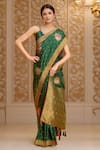Buy_Samyukta Singhania_Green Denim Embroidery, Zari V-neck Floral Butta Woven Saree And Blouse _Online_at_Aza_Fashions