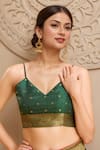 Shop_Samyukta Singhania_Green Denim Embroidery, Zari V-neck Floral Butta Woven Saree And Blouse _Online_at_Aza_Fashions