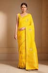 Buy_Samyukta Singhania_Yellow Denim Embroidery Round Neck Floral Woven Saree Set _at_Aza_Fashions