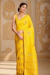 Samyukta Singhania_Yellow Denim Embroidery Round Neck Floral Woven Saree Set _at_Aza_Fashions