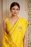 Buy_Samyukta Singhania_Yellow Denim Embroidery Round Neck Floral Woven Saree Set 