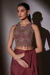 Ajiesh Oberoi_Wine Organza, Lurex, Lycra Tassels, Ruffled Pre-draped Saree And Blouse _Online_at_Aza_Fashions