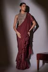 Shop_Ajiesh Oberoi_Wine Organza, Lurex, Lycra Tassels, Ruffled Pre-draped Saree And Blouse _at_Aza_Fashions