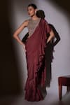 Buy_Ajiesh Oberoi_Wine Organza, Lurex, Lycra Tassels, Ruffled Pre-draped Saree And Blouse _at_Aza_Fashions