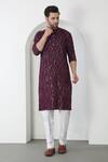 Shop_Aham-Vayam_Wine Cotton Sequins, Embroidery Barfi Kurta Set _Online_at_Aza_Fashions