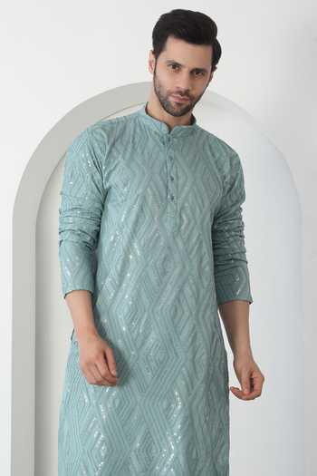 Aham-Vayam_Blue Cotton Sequins, Embroidery Mint Barfi Kurta And Pant Set _Online_at_Aza_Fashions