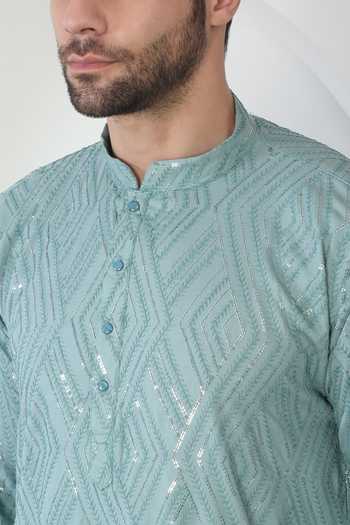 Buy_Aham-Vayam_Blue Cotton Sequins, Embroidery Mint Barfi Kurta And Pant Set _Online_at_Aza_Fashions