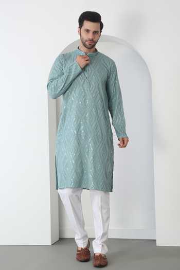 Shop_Aham-Vayam_Blue Cotton Sequins, Embroidery Mint Barfi Kurta And Pant Set _Online_at_Aza_Fashions