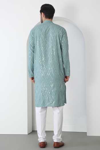 Shop_Aham-Vayam_Blue Cotton Sequins, Embroidery Mint Barfi Kurta And Pant Set _at_Aza_Fashions