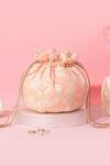 Amyra_Peach Pearls, Embroidery Floral Round Potli Bag _Online_at_Aza_Fashions