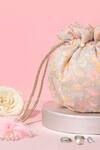 Amyra_Peach Pearls, Embroidery Floral Round Potli Bag _at_Aza_Fashions