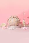 Buy_Amyra_Peach Pearls, Embroidery Floral Round Potli Bag _at_Aza_Fashions