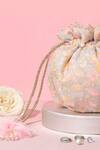 Amyra_Gray Pearls, Embroidery Floral Round Potli Bag _Online_at_Aza_Fashions