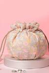 Shop_Amyra_Gray Pearls, Embroidery Floral Round Potli Bag _at_Aza_Fashions