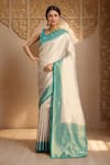 Shop Naintara Bajaj Green Kota Doria Fringe, Embroidery V-neck Geometric Woven Kanjivaram Saree Set Online at Aza Fashions Shop_Naintara Bajaj_Green Kota Doria Fringe, Embroidery V-neck Geometric Woven Kanjivaram Saree Set _Online_at_Aza_Fashions