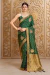Buy_Samyukta Singhania_Green Denim Embroidery, Zari V-neck Floral Butta Woven Saree And Blouse _at_Aza_Fashions