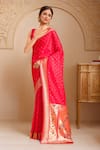 Samyukta Singhania_Red Pashmina Embroidery Asymmetric Designer Paithani Silk Woven Saree Set_at_Aza_Fashions