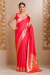 Shop_Samyukta Singhania_Red Pashmina Embroidery Asymmetric Designer Paithani Silk Woven Saree Set