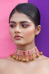 Shop_Kanyaadhan By DhirajAayushi_Multi Color Tikki Bloom Embroidered Choker And Earrings Set _at_Aza_Fashions