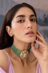 Paisley Pop_Green Bead Floral Cutwork Choker With Garnet Stone _at_Aza_Fashions