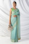 Buy_LATHA PUTTANNA_Mint Banarasi Soft Tissue Embroidery Silk Thread U Neck Quad Border Saree Set _at_Aza_Fashions