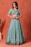 Soniya G_Blue Foil Metal V Neck Firoza Work Kalidar Lehenga Set _Online_at_Aza_Fashions