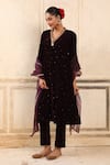 Trendy tokari_Purple Velvet Embroidered Sequin Scallop V Neck Kurta Set _Online_at_Aza_Fashions