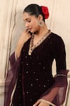 Trendy tokari_Purple Velvet Embroidered Sequin Scallop V Neck Kurta Set _at_Aza_Fashions