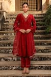 Buy_Trendy tokari_Maroon Velvet Embroidered Pitta V Neck Kurta Set _at_Aza_Fashions