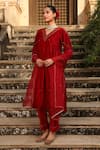 Shop_Trendy tokari_Maroon Velvet Embroidered Pitta V Neck Kurta Set _Online_at_Aza_Fashions
