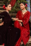 Trendy tokari_Maroon Velvet Embroidered Pitta V Neck Kurta Set _at_Aza_Fashions