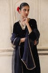 Trendy tokari_Blue Velvet Embroidered Sequin V Neck Navy Kurta Set _Online_at_Aza_Fashions