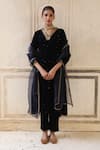 Buy_Trendy tokari_Blue Velvet Embroidered Sequin V Neck Navy Kurta Set _at_Aza_Fashions