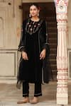 Trendy tokari_Black Velvet Woven Geometric Patchwork Keyhole Kurta Set _at_Aza_Fashions