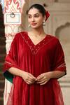 Trendy tokari_Red Velvet Sequins, Embroidery V-neck Kaftan Kurta Set _Online_at_Aza_Fashions