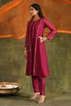Trendy tokari_Burgundy Kurta Silk Chanderi Hand Embroidered Mirror Key Hole Anarkali Set _at_Aza_Fashions