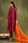 Shop_Trendy tokari_Burgundy Kurta Silk Chanderi Hand Embroidered Mirror Key Hole Anarkali Set 
