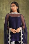 Trendy tokari_Blue Silk, Organza, Chanderi Embroidery, Sequins Scoop Abstract Hand Kurta Set _Online_at_Aza_Fashions