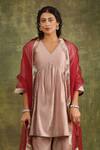 Buy_Trendy tokari_Pink Silk Chanderi Kiran Lace V Neck A-line Short Kurta Set _Online_at_Aza_Fashions