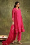 Shop_Trendy tokari_Magenta Dupatta Organza Hand Embroidered Abstract V Neck Kurta Set 
