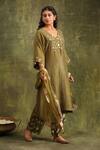 Shop_Trendy tokari_Green Kurta Silk Tissue Hand Embroidered Mirror V Neck And Thread Set _Online_at_Aza_Fashions
