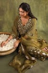 Trendy tokari_Green Kurta Silk Tissue Hand Embroidered Mirror V Neck And Thread Set _at_Aza_Fashions