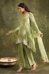 Shop_Trendy tokari_Green Kurta Silk Chanderi Floral V Neck Asymmetric Pant Set _Online_at_Aza_Fashions