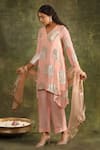 Trendy tokari_Peach Silk, Chanderi Embroidery V-neck Floral Asymmetric Kurta Set _at_Aza_Fashions