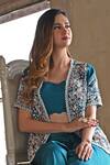 Shop_Usha Bagri_Blue Organza Embroidery Gullista Short Jacket Open Neck Crop Top And Palazzo Set _at_Aza_Fashions