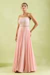 Buy_Samyukta Singhania_Pink Net, Crepe Beads Asymmetric Pleated Flare Gown _Online_at_Aza_Fashions